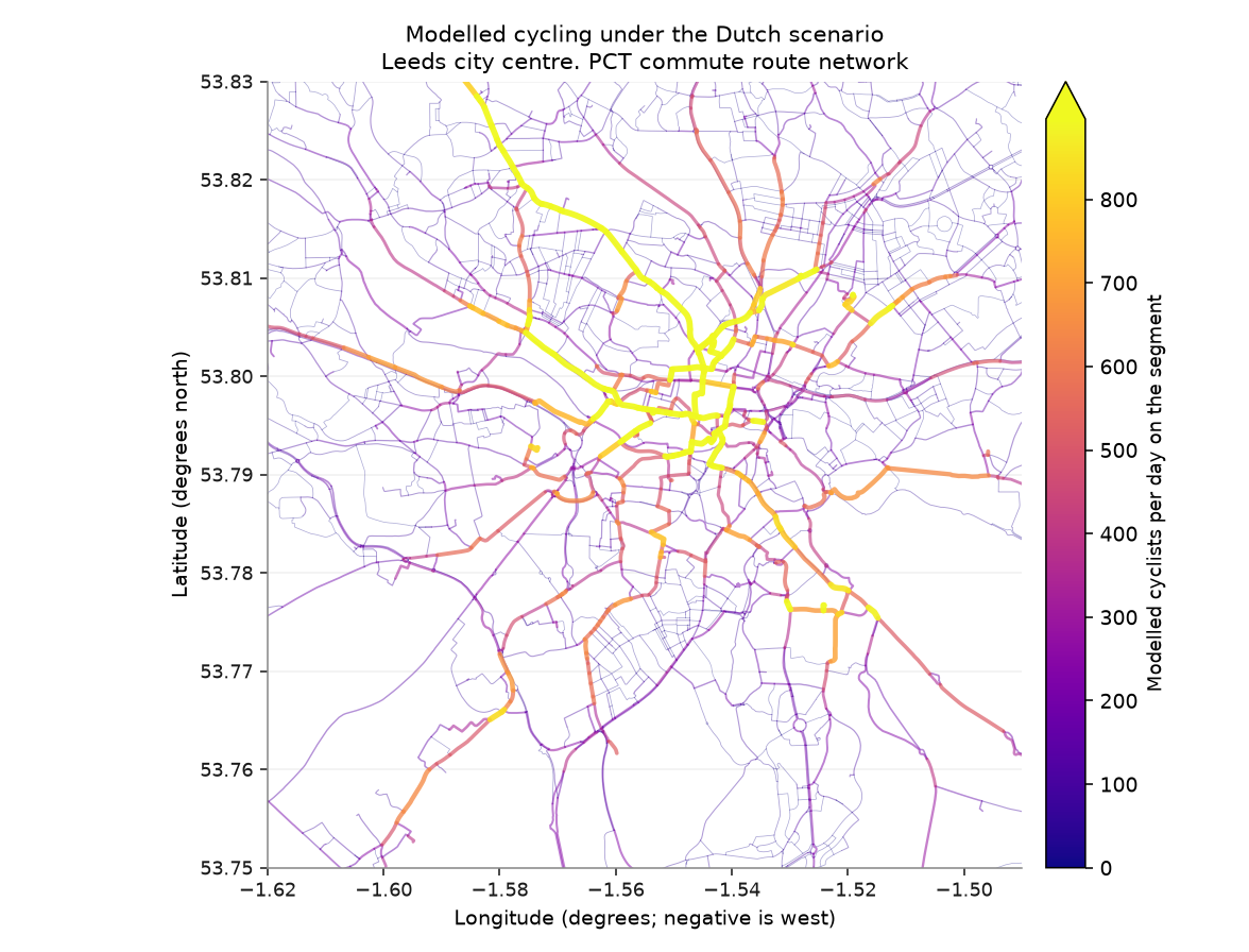 Map of the modelled cycling network under the Dutch scenario